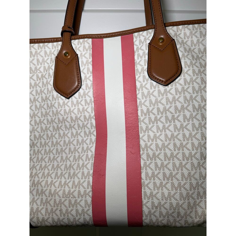 Michael Kors Signature MK Logo Large Tote Bag Pink White Stripe Brown + Pouch - Picture 4 of 9